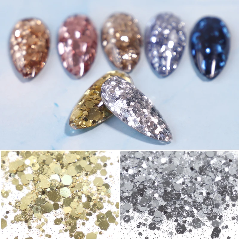 1 oz/Bag Nail art Pailletten Glitter Pulver Gemischt Größe Metallic Farbe Silber Gold Sparkly Chunky Gel Polnischen Maniküre DIY Dekorationen