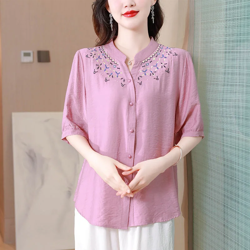 2024 New Summer Chinese Style Retro Women\'s Shirt Loose Casual Elegant Fashion Cotton Linen Embroidery Stand-up Collar Chic Tops