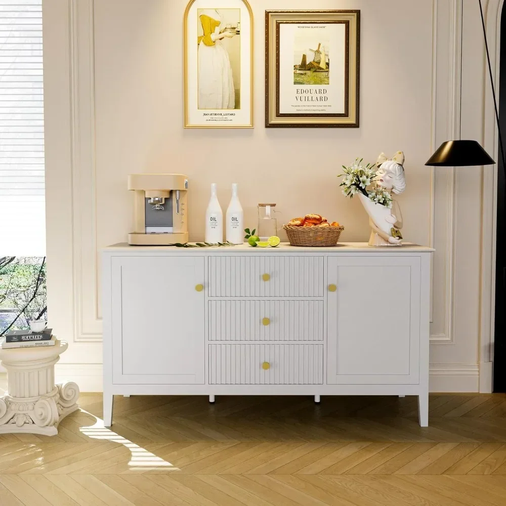 White Storage Cabinet with 3 Drawers and 2 Doors, Modern Side Panel Buffet Cabinet, Independent Kitchen Utensil Cabinet