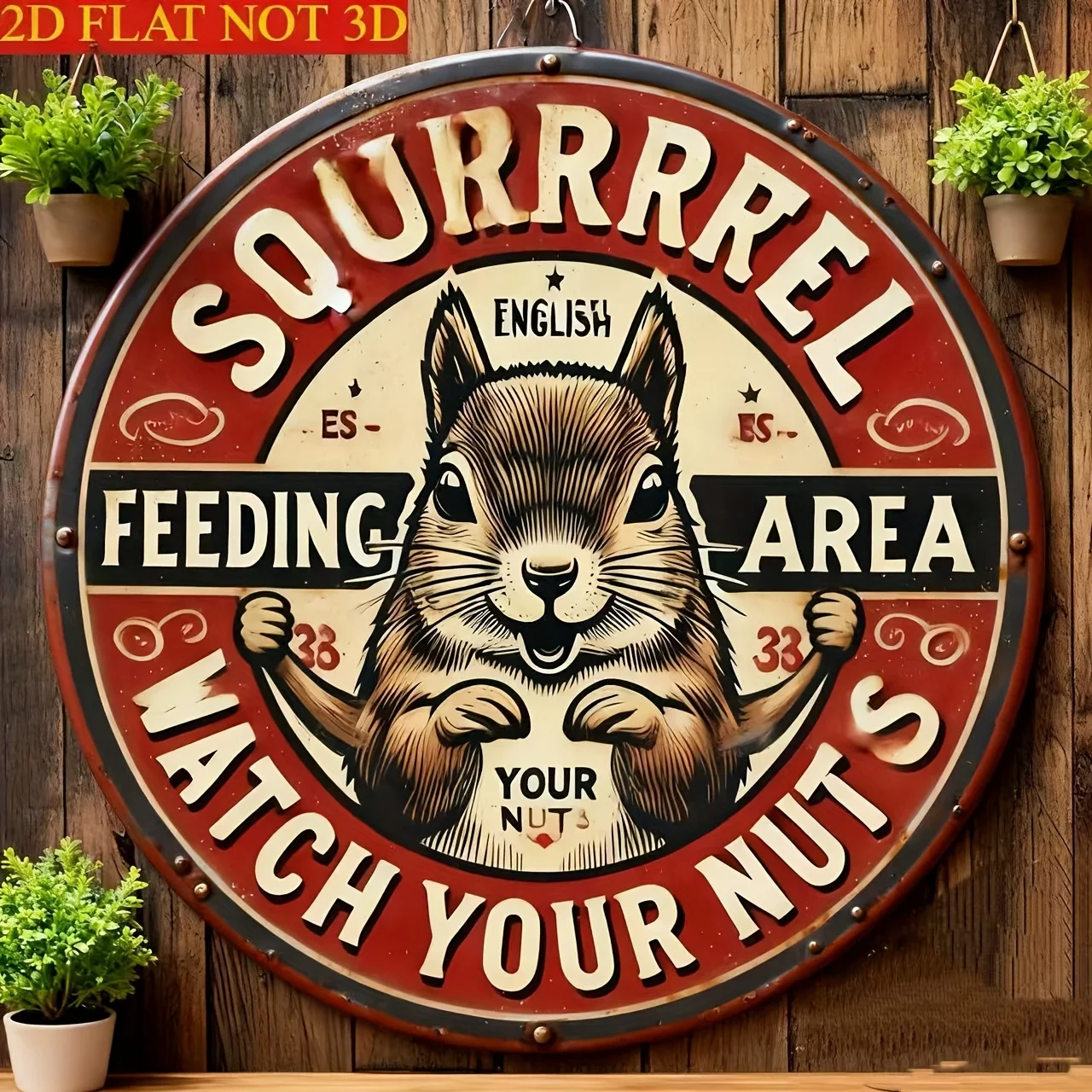 2D Flat - 1pc Squirrel Feeding Area Metal Tin Sign, 'Watch Your Nuts', Humorous Retro Round Aluminum Sign Wall Decor