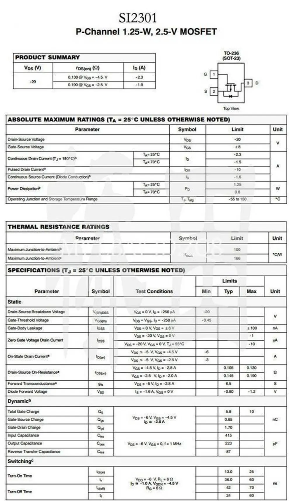 50pcs Si2301 A1shb 2.3a 20v Sot-23 Mos P-channel Mosfet Smd Transistor