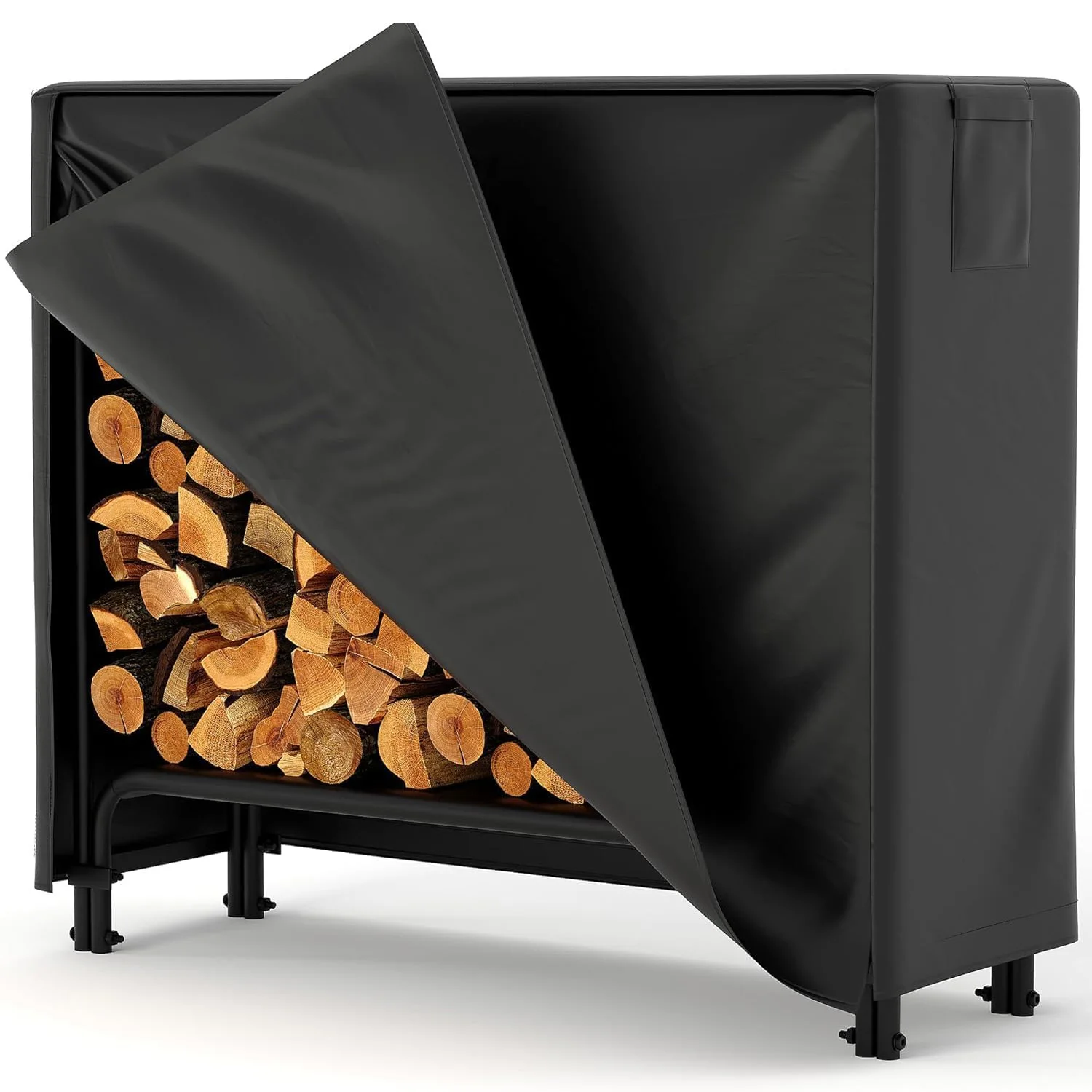 4FT 8FT Brennholz-Holzregal mit Abdeckung, schwarzer wasserdichter Oxford-Stoff mit Reißverschluss, robuste Holzlagerregale für Veranda, Pati – Detail 2