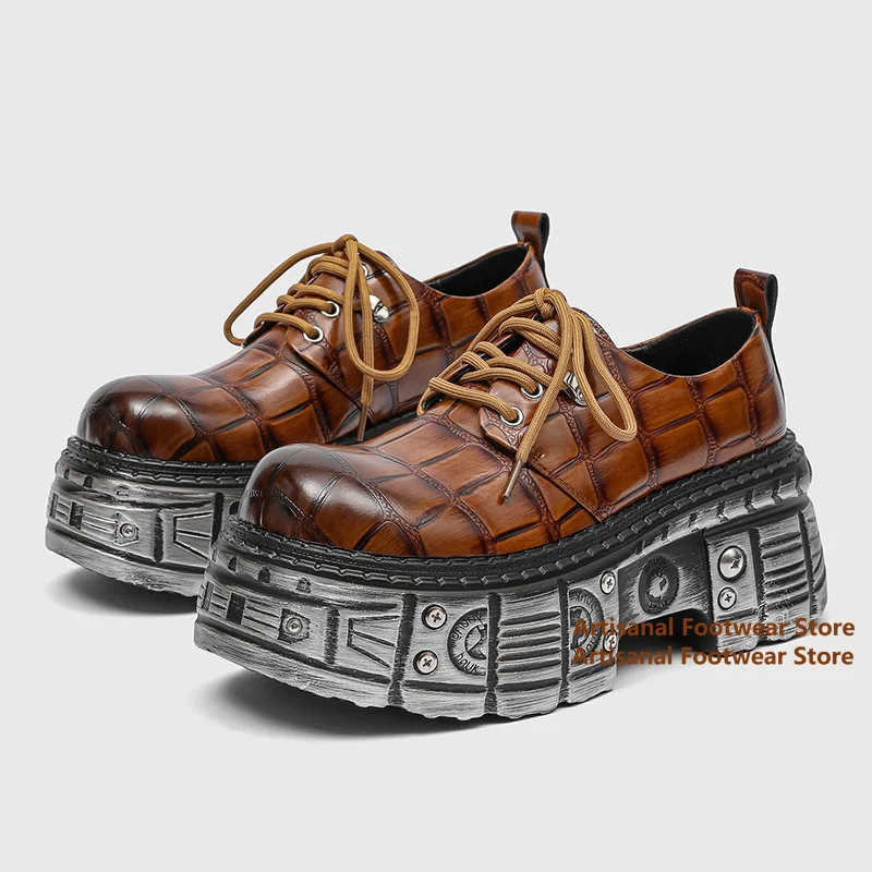 

Brown Crocodile-Patterned Derby Shoes Chunky Soles Big Round Toe Shoes Metal Decor Punk Style Thick Soled Motorcycle Shoes