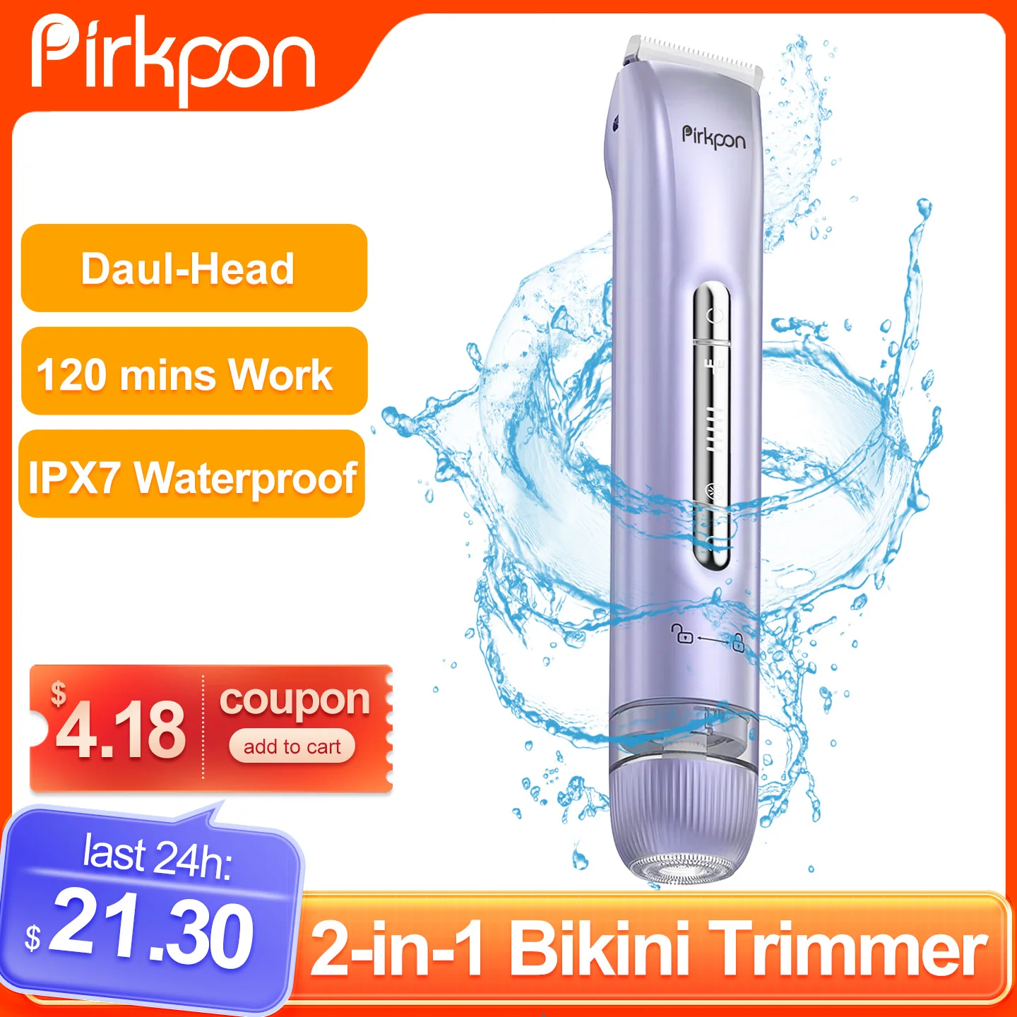 

PIRKPON Dual-Head Bikini Shaver 2-in-1 Woman Hair Remover IPX7 Waterproof Woman Bikini Trimmer Painless Pubic Electric Razor