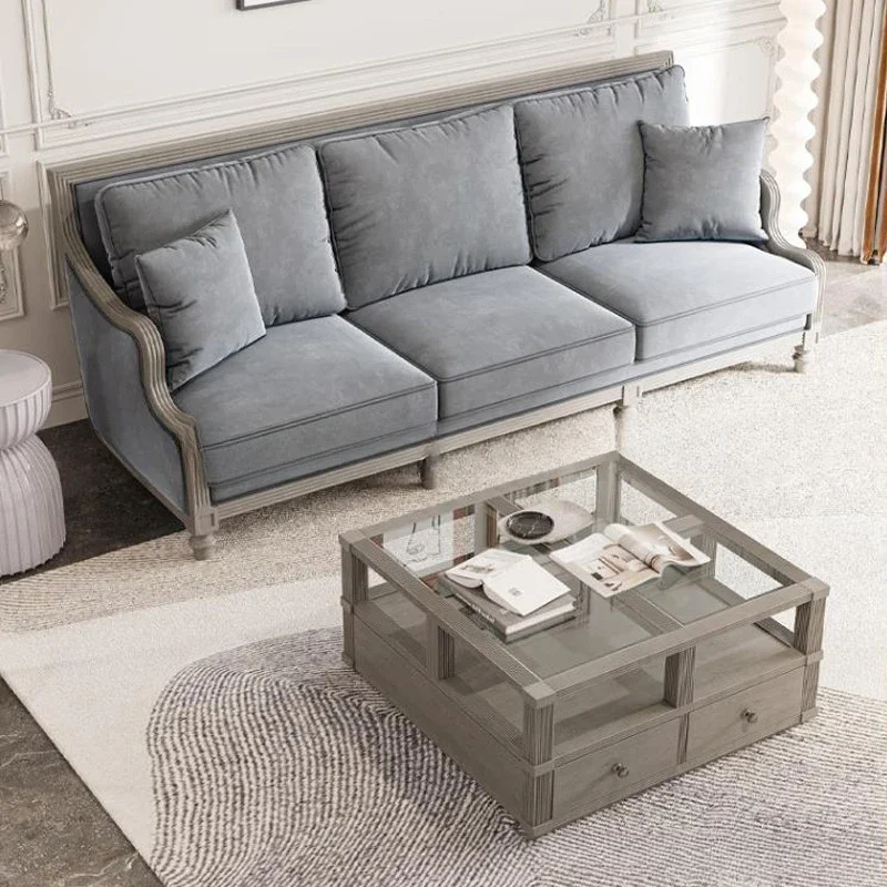American light luxury living room solid wood sofa combination European large apartment villa model room retro ash wood furniture