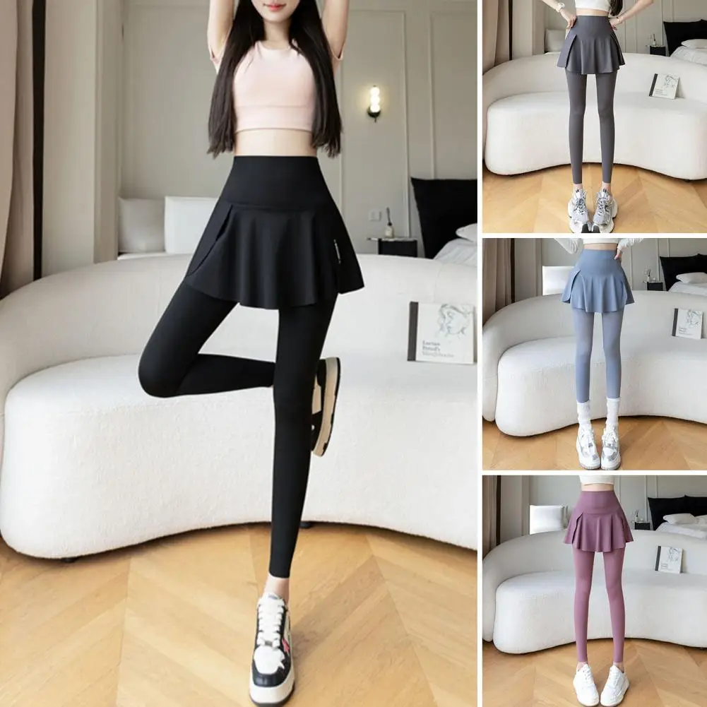 

Two-piece Culottes Stylish Women's Yoga Pants with Skirt Overlay High Waist Compression Leggings with Phone Pocket for Jogging