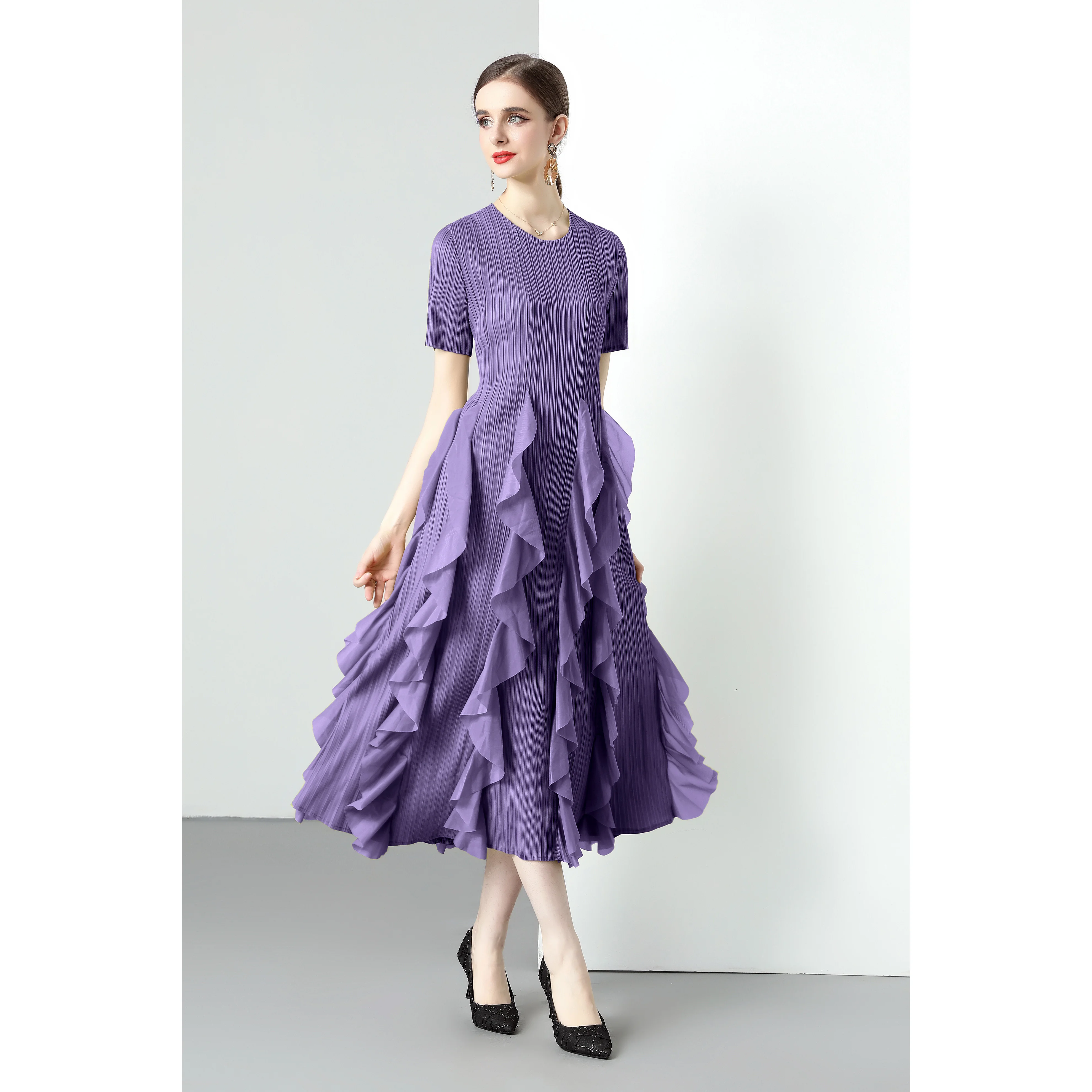 Miyake Pleats 2024 Design Ruffle Edge Round Neck Long Sleeve Short Sleeve High Waist Temperament Slim Long Dress