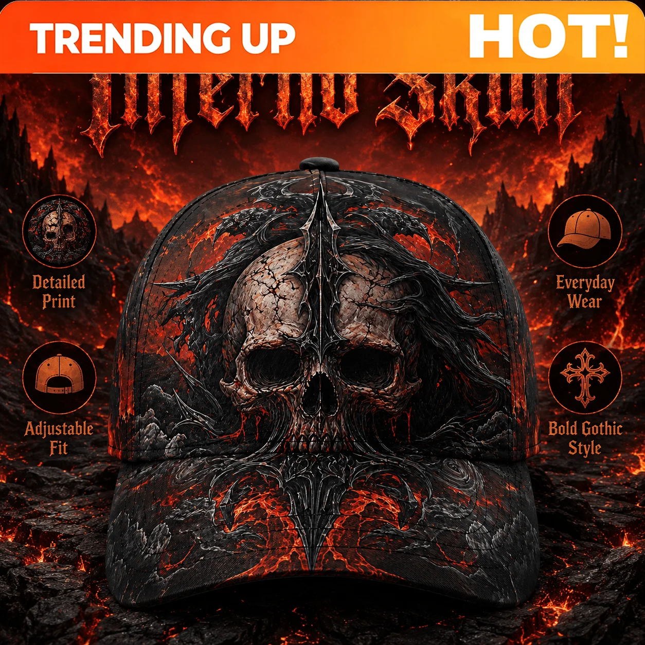Customization Flame Demon Skull Print Baseball Cap, Hell Full Print Cap, Dark Gothic Style Adjustable Unisex Cap, Heavy Metal St