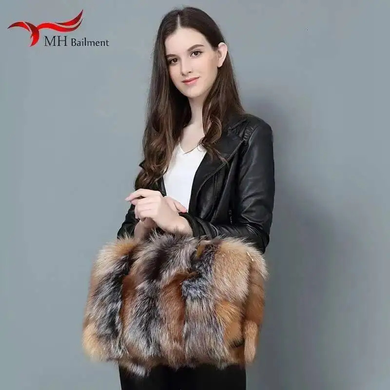 Autumn Winter New 100% Fox Fur Bag Shoulder Diagonal Package Female Fashion Handbag Ladies Luxury Brand Furry Big Fur Bag
