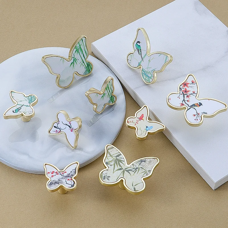 2Pcs Butterfly Floral Bird Cabinet Door Pull Handles Retro Song Dynasty Aesthetics Pulls Drawer Knobs for Wardrobe Cupboard DIY