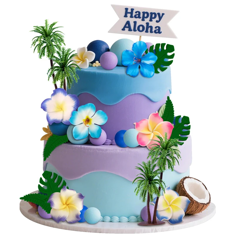 42 pçs bolo havaiano topper dos desenhos animados decoração do bolo de aniversário bolas azuis flor tropical decoração havaiana fontes de festa de aniversário