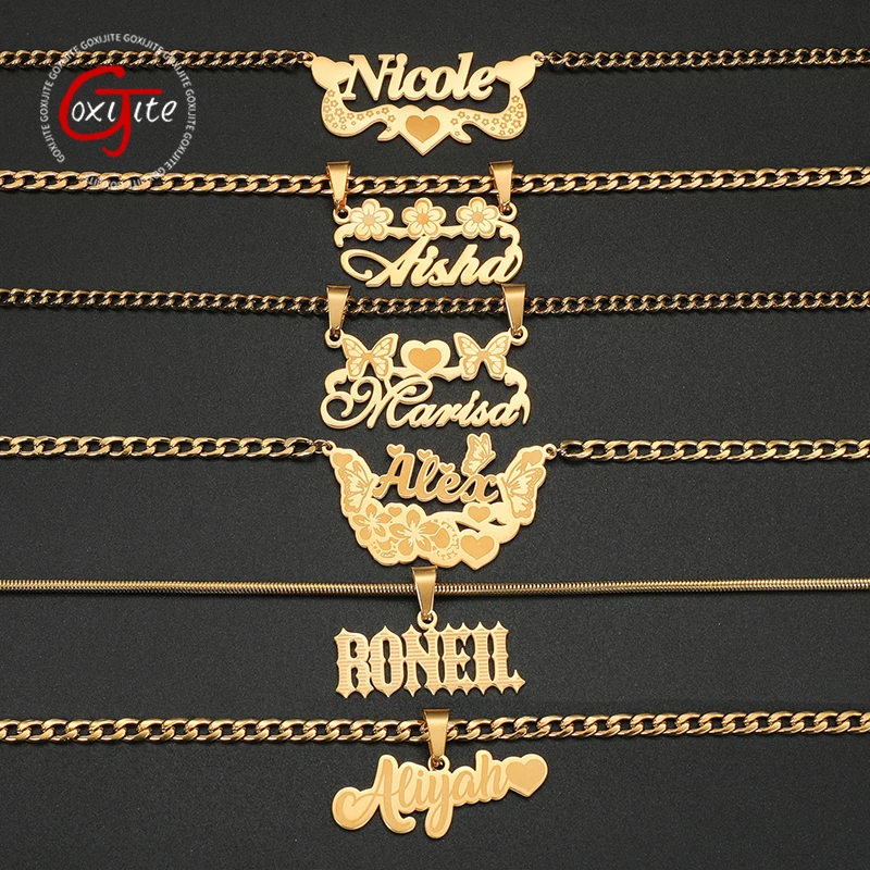 

Goxijite Personalized Butterfly Heart Name Removable Pendant Stainless Steel Custom Nameplate Cuban Chain Necklaces For Women