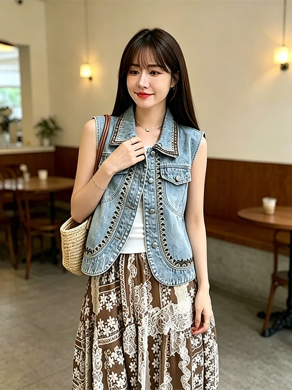 Retro Floral Embroidery Color Block Denim Vest Summer New Fashion Personality Outerwear Women's Short Coat Single Button Closure
