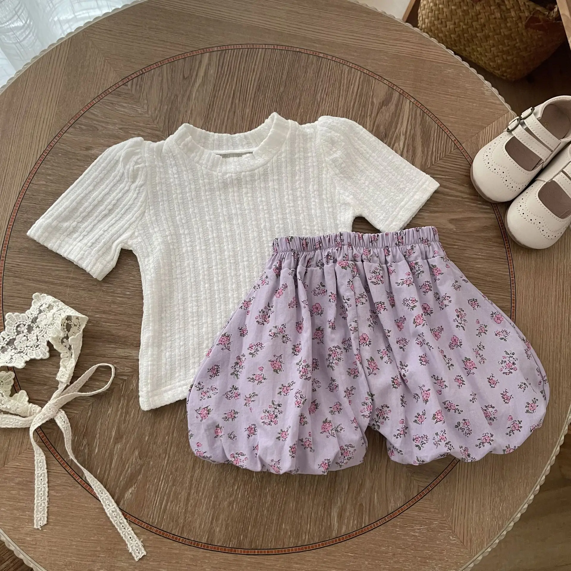 T-shirt Summer Children Pit Strip Short Sleeved Undershirt Baby Fragmented Flowers Shorts Baby Clothing Round Collar 2024