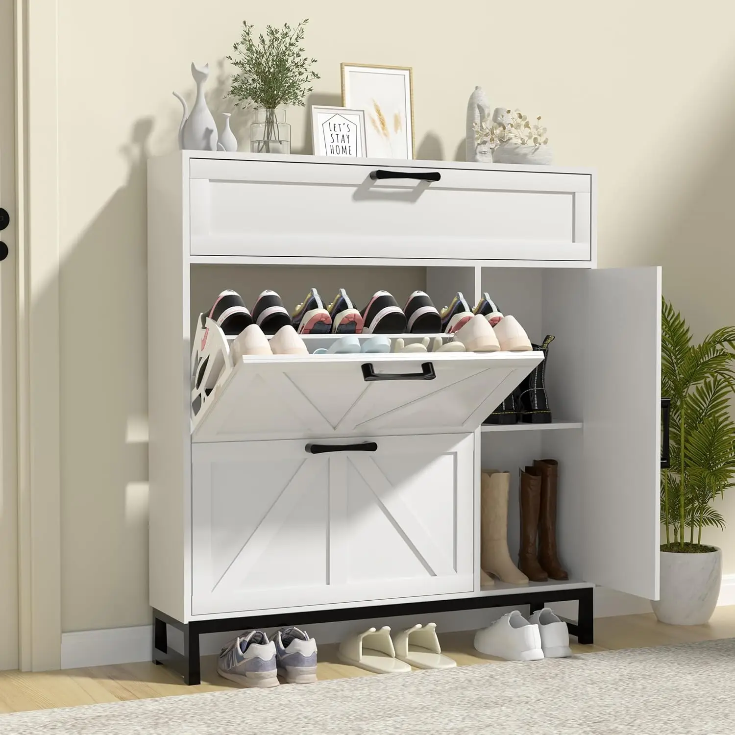 

Shoe Storage Cabinet With 2 Flip Drawers, Slim Freestanding Shoe Cabinet, Shoe Ra Cabinet With Open Storage For Entryway, Foyer