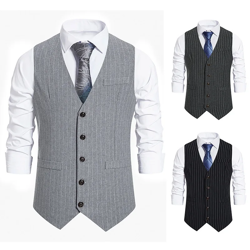 New Men\'s Stripe Vest Suit Vest Single breasted Designer Brand Sleeveless Formal Coat Top Adult Dress Tuxedo