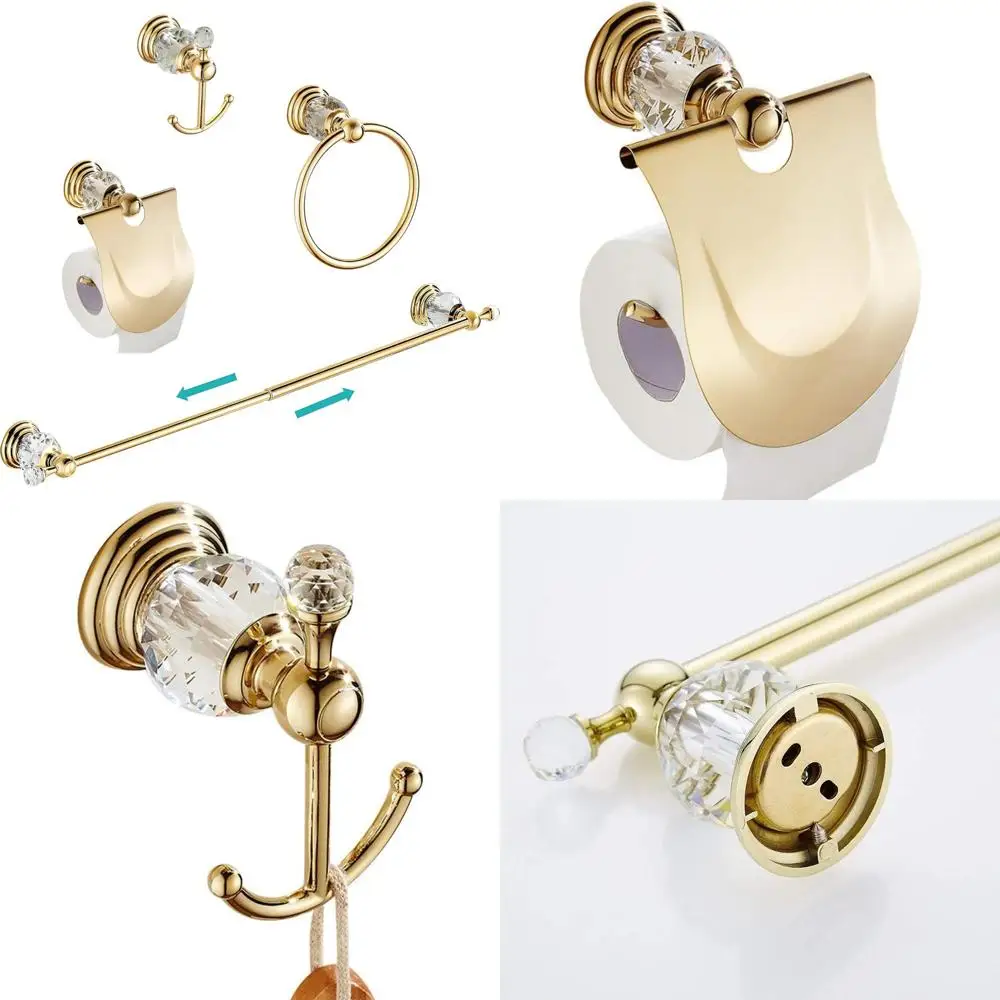 

Crystal Bathroom Accessories Set - Adjustable Gold Towel Bar, Hand Towel Ring, Paper Holder, and Hook