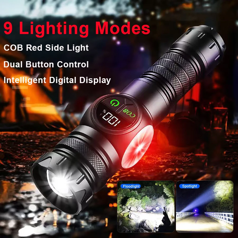 9 Modes Super Bright LED Flashlight USB Rechargeable With COB Side Light  Tactical Torch Powerful Lantern for Outdoor Camping