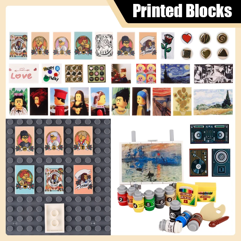MOC City Printed Building Blocks Holiday Gift Art Oil Painting Landscape Portrait Sound System Famous World Paintings Bricks Toy