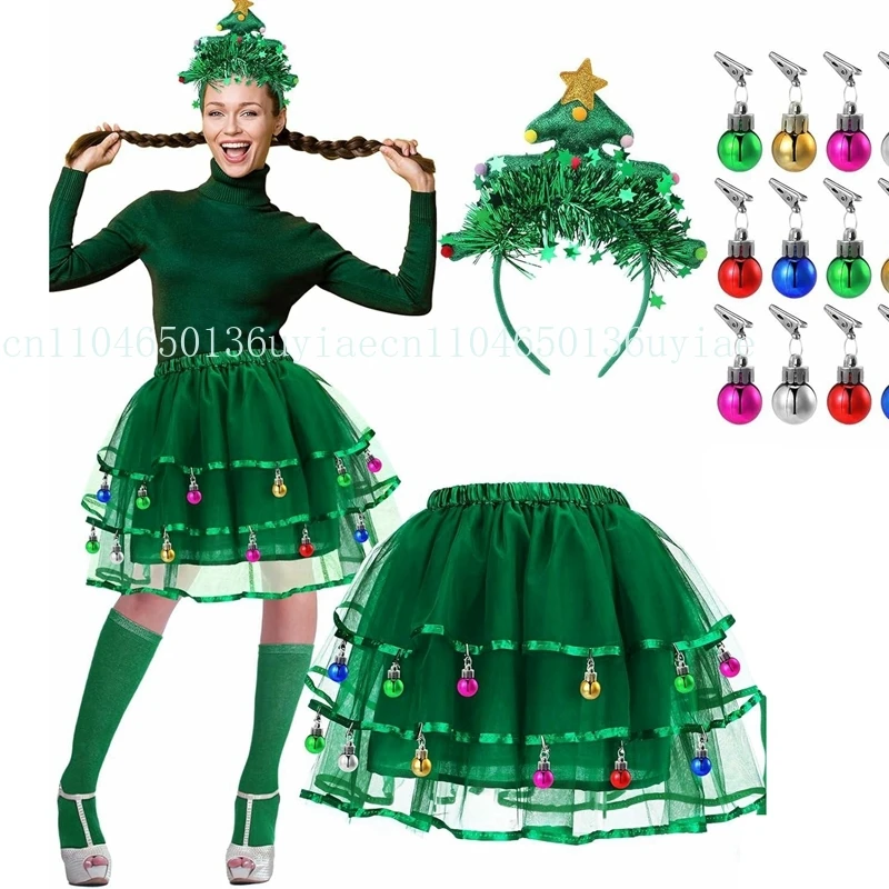 

Women's Green Christmas Tree Costumes Ruffle Layered Short Tutu Skirt with Headband and 12Pcs Mini Christmas Balls