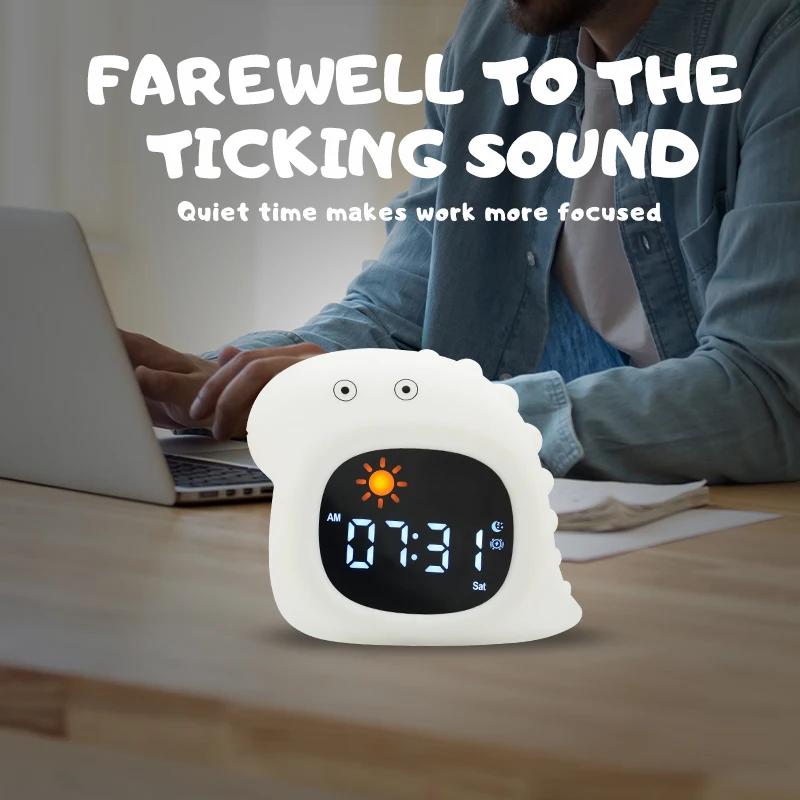 1 Adorable Dinosaur-shaped Silicone Alarm Clock with 6 White Noise Machine Sounds & Colorful Lights for Better Sleep