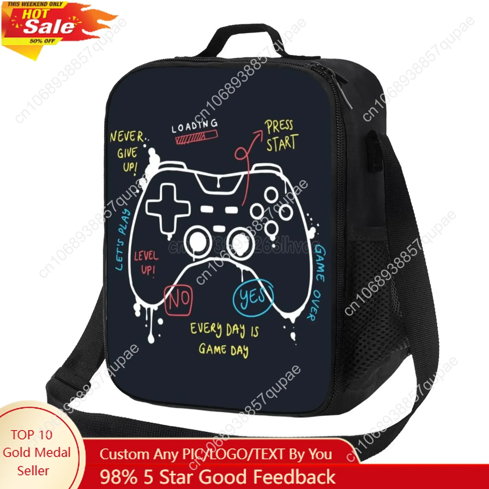 

Video Game Weapon Gamer Play Gaming Insulated Lunch Bag Tote Handbag Food Container Cooler Pouch for Beach School Work Office