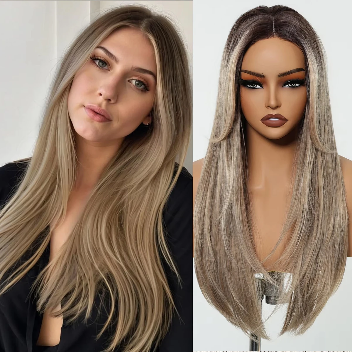 DWY 26in Ash Brown Synthetic Wig For Women Natural Wigs For Daily Party Use Long Straight Hairline Lace Wig High Temperature