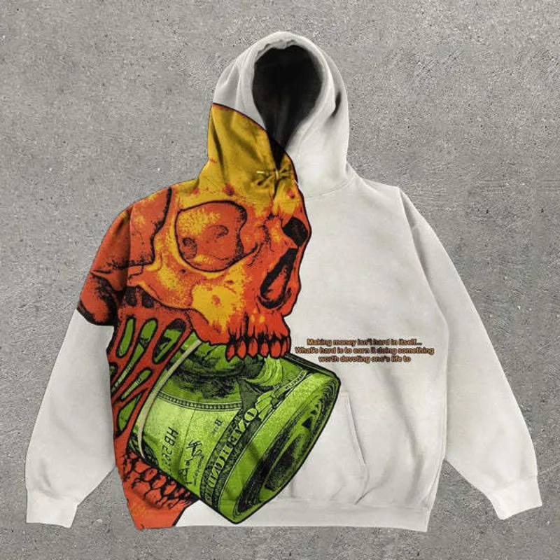 Skull Print Design Retro Gothic Hoodies For Men Hip Hop Streetwear Pullover Harajuku Sweatshirt Casual Men Clothing