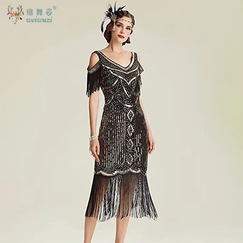 Женское утягивающее платье в стиле ретро с блестками и бисером, кисточками и v-образным вырезом, полые плечи, вечернее платье в стиле Гэтсби или дворцовой вечеринки