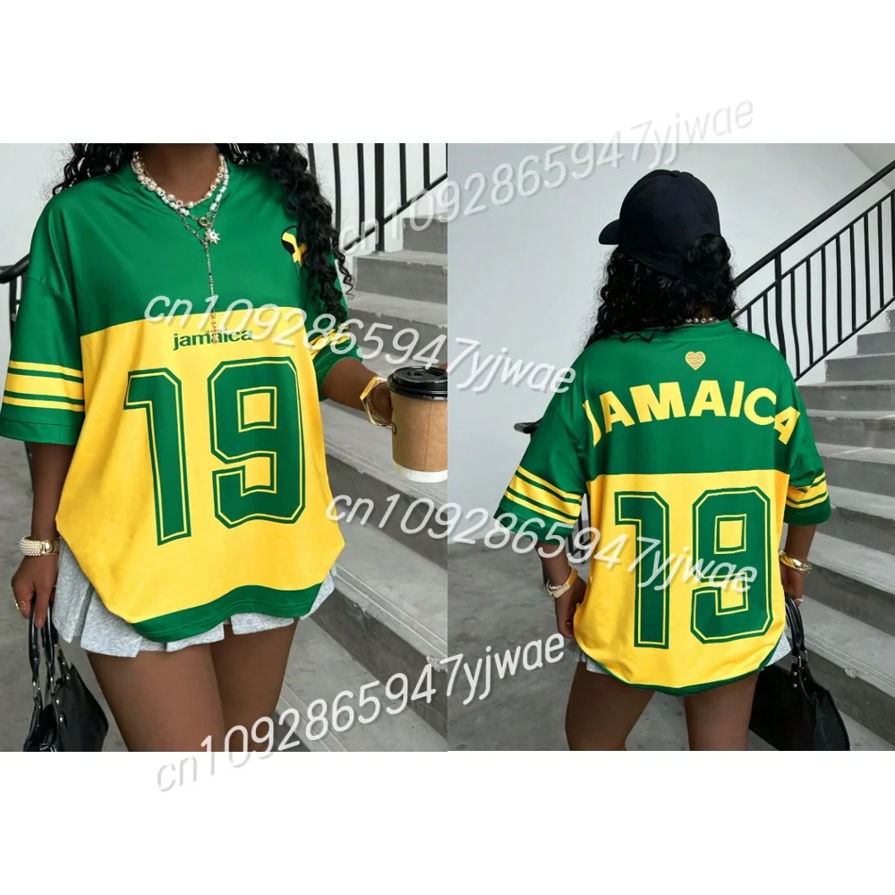 المرأة جامايكا طباعة الخامس الرقبة قصيرة الأكمام ثقب تي شيرت الصيف الجرافيك المحملة البيسبول الفانيلة حجم كبير تي شيرت رياضي