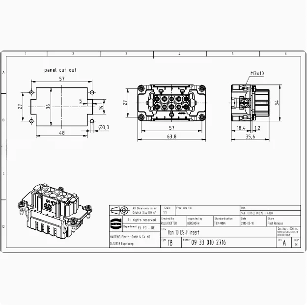 1pcs 09330102716 HARTING HAN 10ES-F 10-pin 16A 500V connector