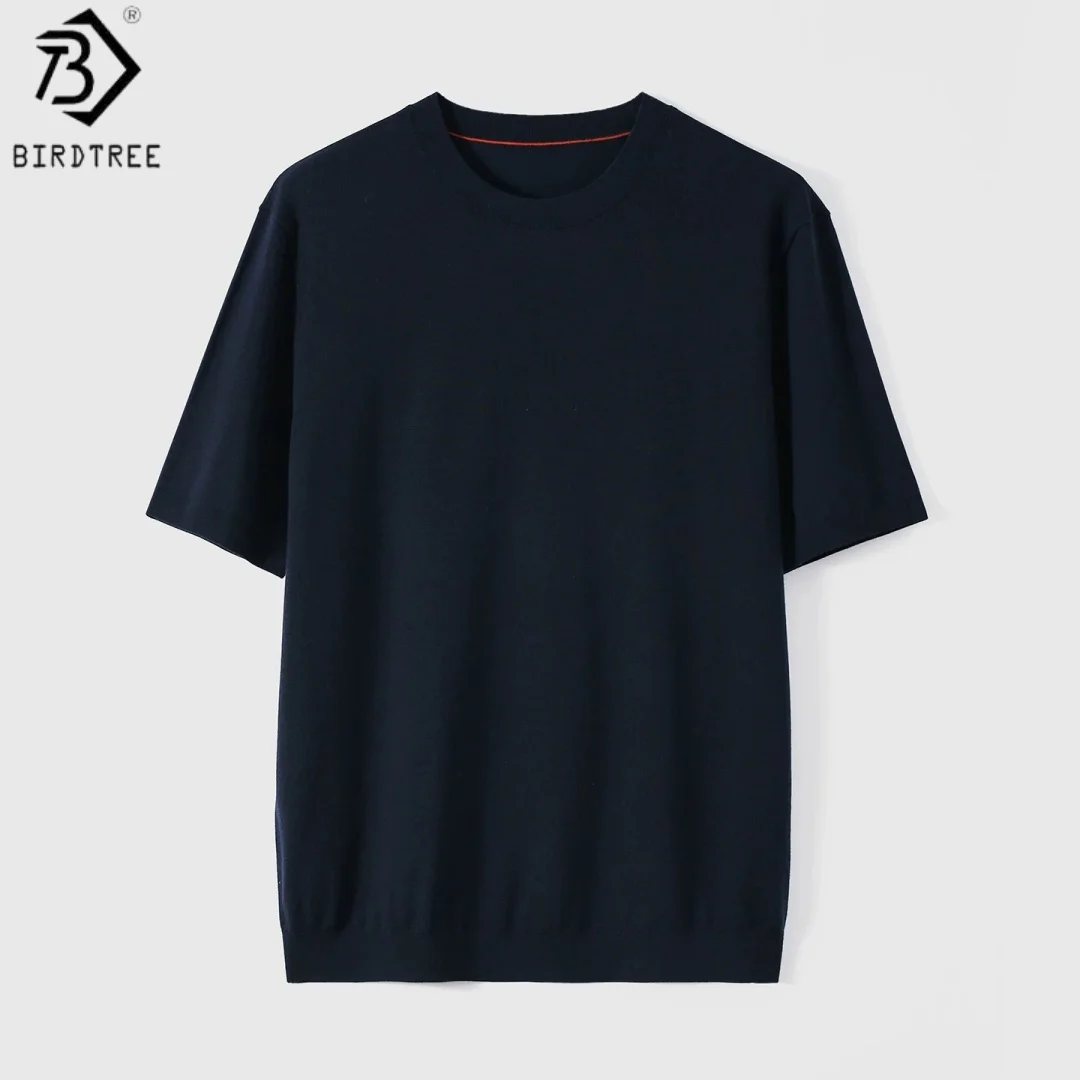 Birdtree, 77.8% Sheep Wool Solid Tshirt, O-neck Short Sleeve Tops, Men's Knitted Thin Casual Shirt, 2026 Autumn New T67034JF