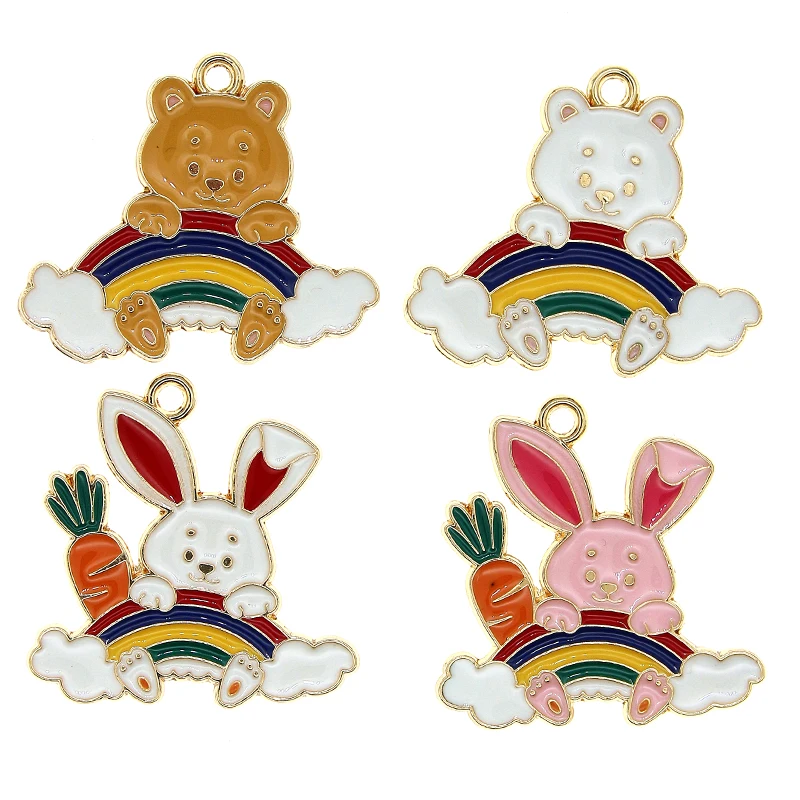 10pcs Kawaii Rainbow Rabbit Cartoon Lovely Animals Bear Enamel Charms For DIY Earrings Jewelry Pendants Children Gifts Findings