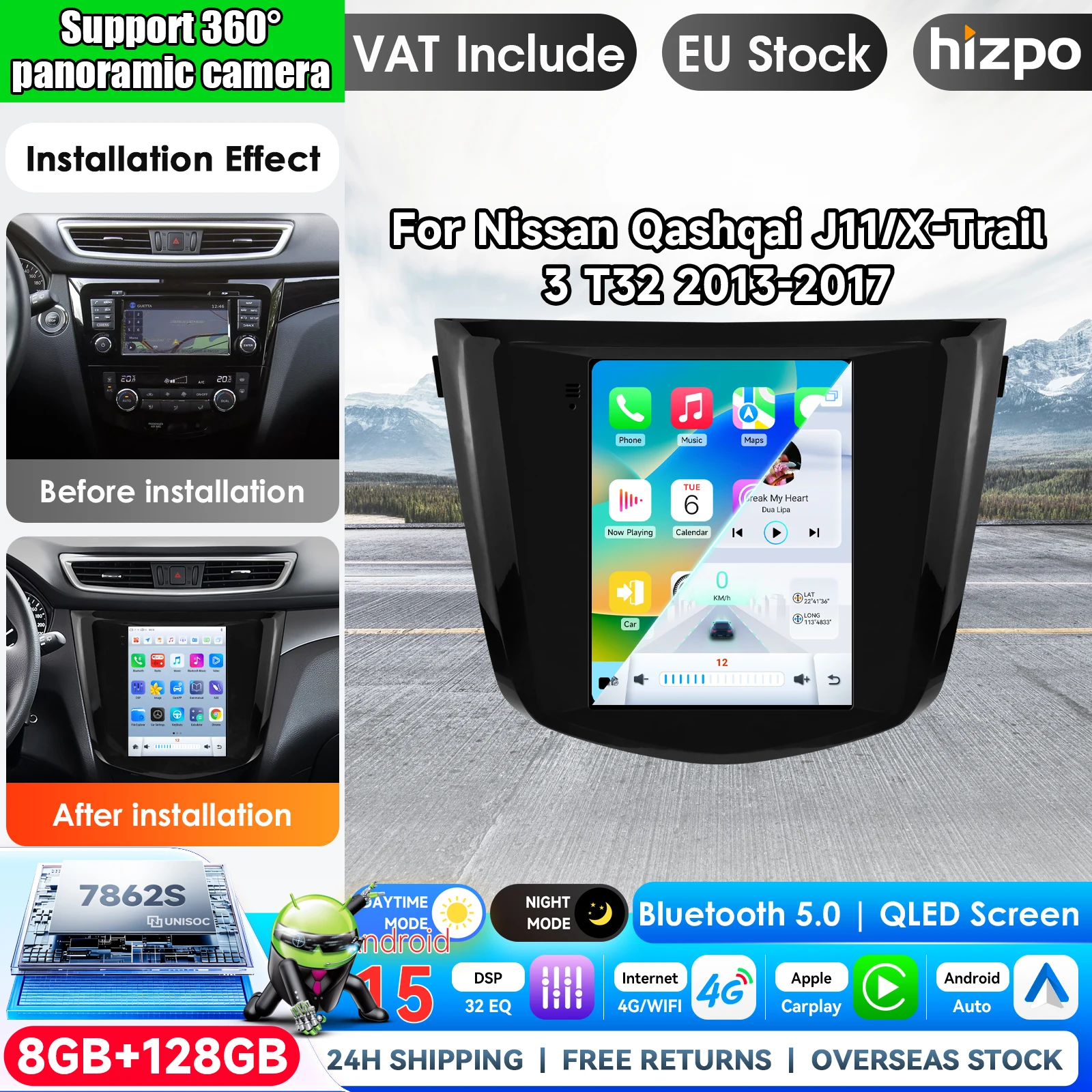 Hizpo 9,7 pollici per Tesla Style Android Carplay BT Auto per Nissan X-Trail Xtrail X - Trail 3 T32 2013 - 2022 Qashqai 2 J11 Autoradio Lettore Multimediale Stereo GPS Display Touch Airplay Stereo