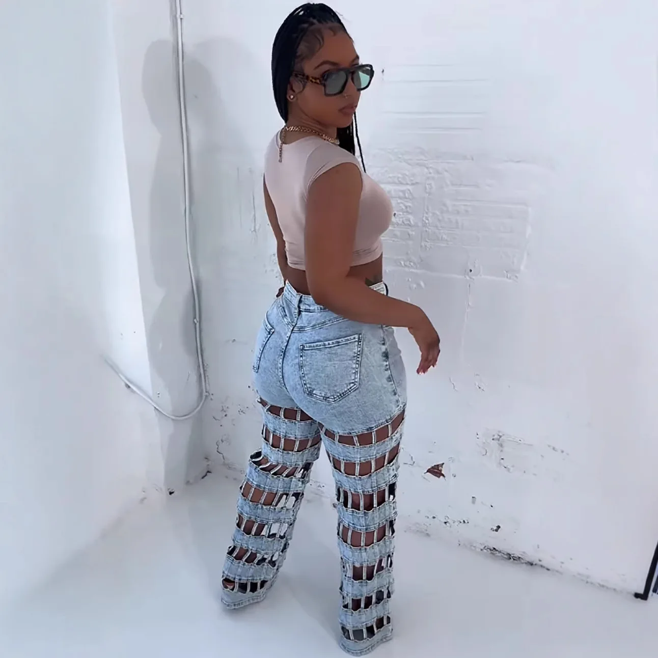 2025 nouveau Style femmes déchiré trous jean Streetwear mode creux taille haute pantalon en Denim droit jean décontracté été