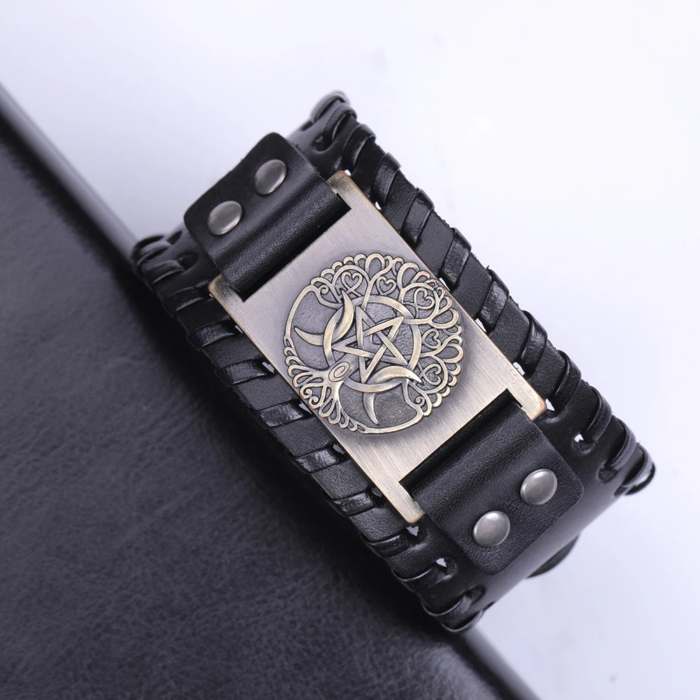 Vassago Tree of Life Triple Moon Goddess Pentagram Pulseira Masculinity Amulet Pagan Leather Bracelet Adjustable Men's Jewelry