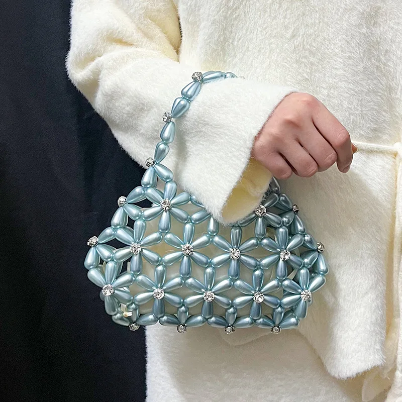 Light Luxury Blue Flower Diamond Beaded Bag Ins Design Handmade Weaving Pearl Handbag Premium Banquet Women's Bags Customization