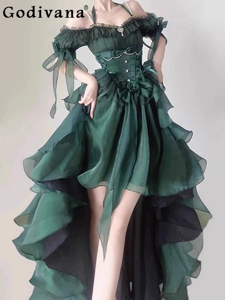 

Green Heavy Industry Lolita Dress Bow 3D Rose with Long Trailing Neck Suspender Dress High Waist Slim Princess Ball Gown Dress