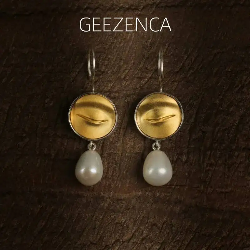 

GEEZENCA 925 Silver Two Tone Natural Pearl Dangle Earrings for Women Buddha Statues Bodhisattva Eye Unique Chic Earring New Gift