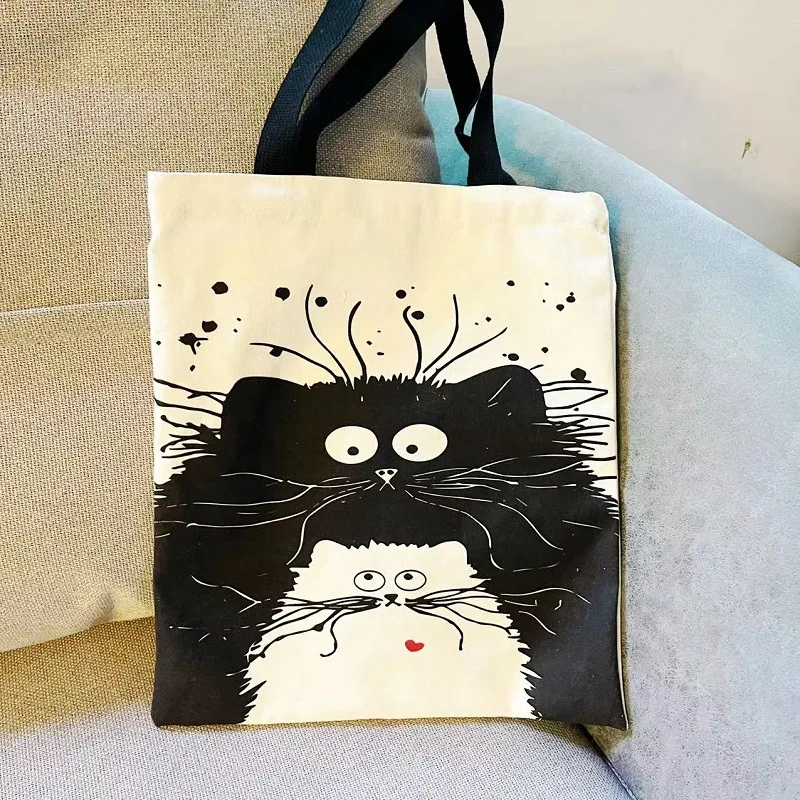 Fried Hairy Cat Can Be Shoulder Handheld Reusable Cute Cat Cartoon Campus Students Class Zip Handbag Cloth Bag