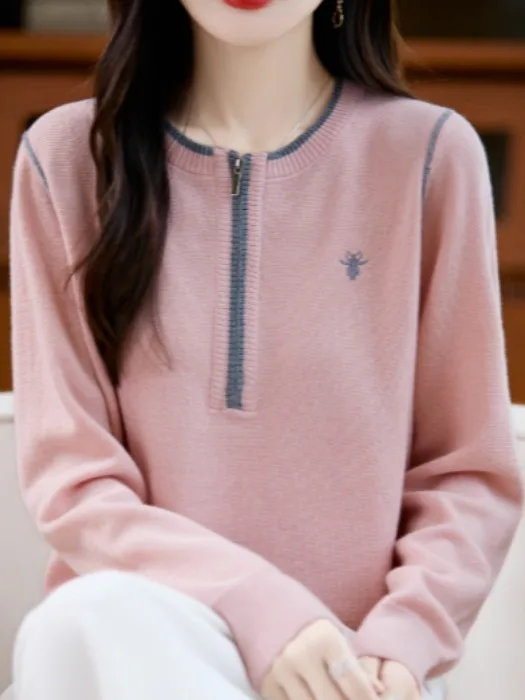 Hochwertiger europäischer SLE-Strickpullover mit Reißverschluss und Stickerei Long Sve Damenoberbekleidung Faionable Commuting SLE