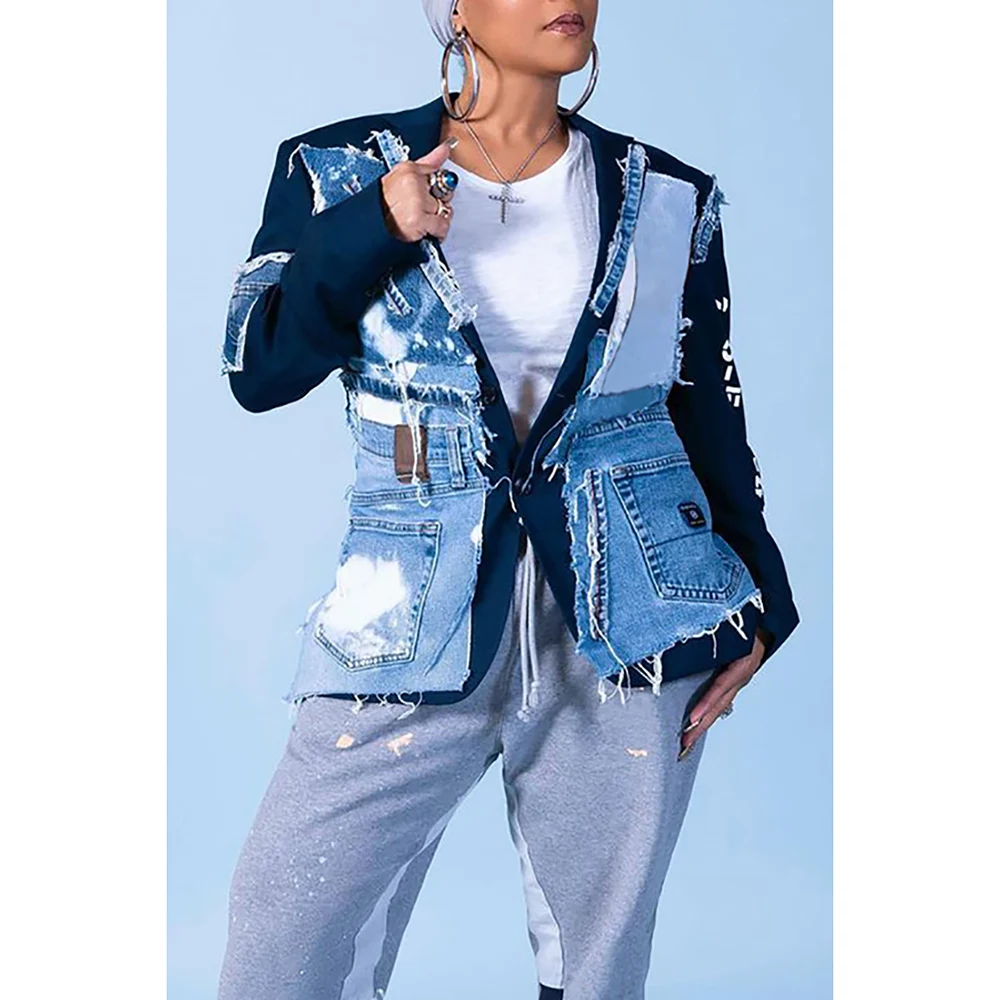 Plus Size Blue Daily Tie Dye Patchwork Denim Stitching Notched Lapel Blazer Jackets Women