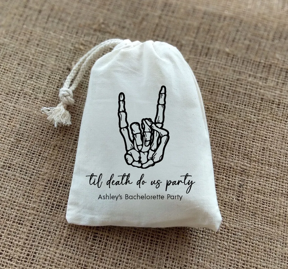 20 Til Death Do Us Party-Wedding Bag-Bachelorette Hangover Kit-RIP Last Name Bags-Recovery Kit Bags-Bride-Skeleton Rock Horns