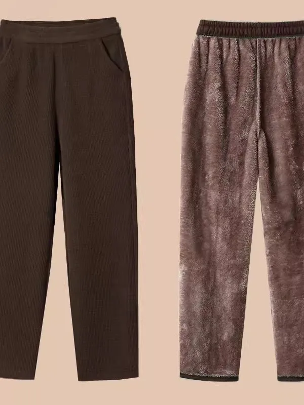 Thiened Fce ハイウエスト秋冬カジュアルパンツ中年女性向け暖かい居心地の良い綿ズボンアウターウェア