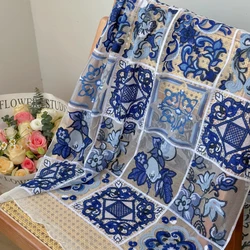 Elegant Embroidered Lace Fabric with Chinese Style Blue and White Porcelain Grid for Dressmaking  Tablecloth Decoration Material