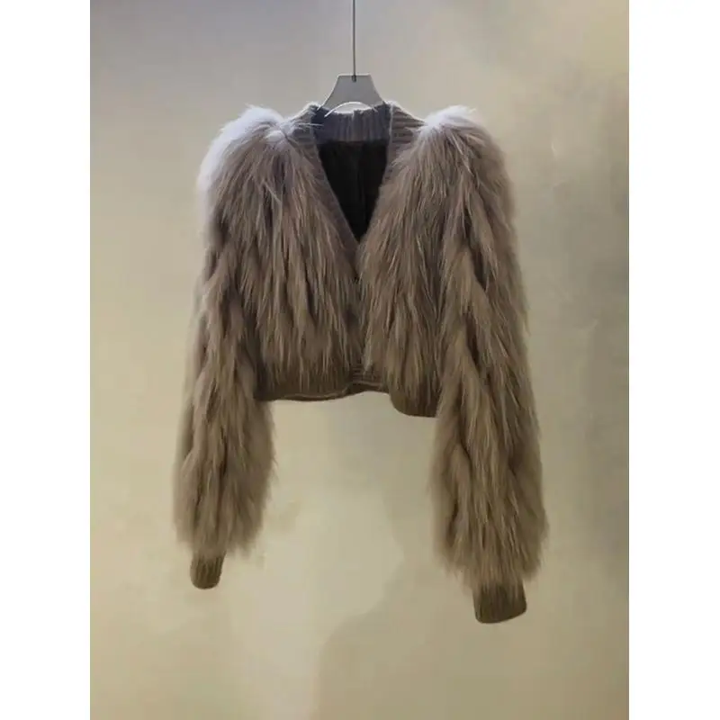 Women Faux Fur Cropped Jacket V Neck Ribbed Knit Trim Long Sleeve Fluffy Warm Winter Shaggy Fur Coat Outerwear