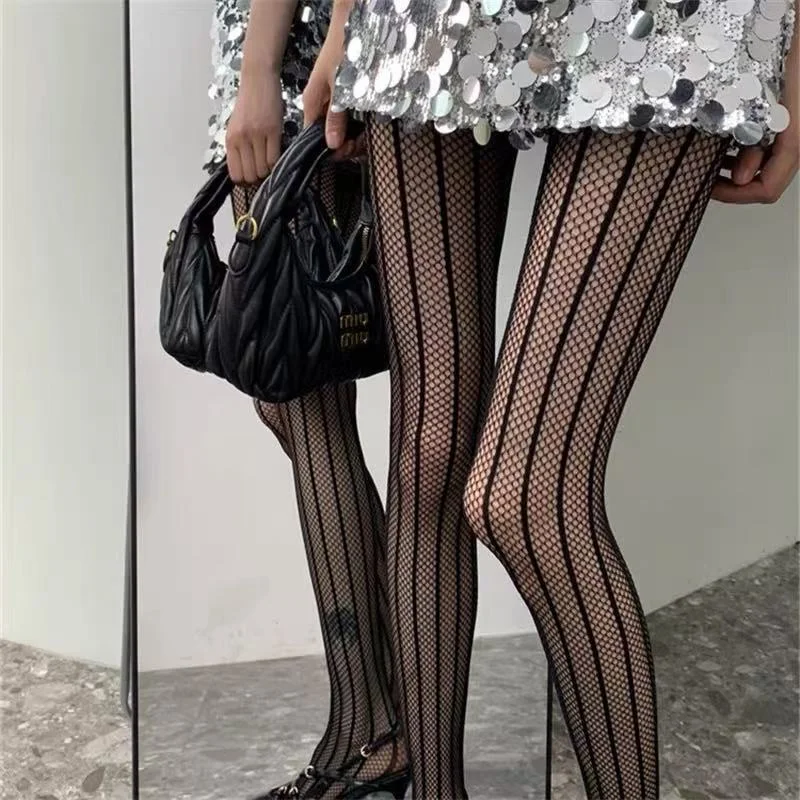 Thin Hollow Vertical Line Fishnet Tights Ladies Unique Striped Mesh Pantyhose Hot Girl Slim Leg Effect Elegant Lady Hosiery