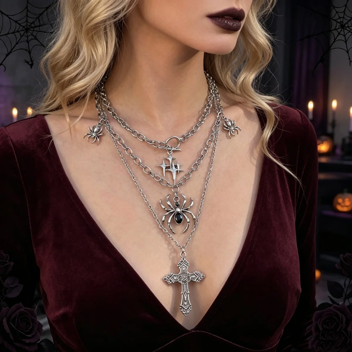 Dark Black Gothic Spider Cross Pendant Multilayer Necklace For Women Men Punk Halloween Heart Bat Beads Choker Cosplay Jewelry