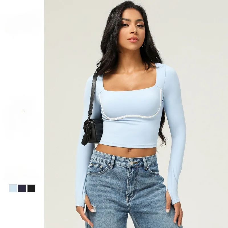 

Sean Tsing Long Sleeve Yoga T-Shirt Women Square Neck Sports Gym Breathable Workout Running Crop Top Female Sportswear Outfits