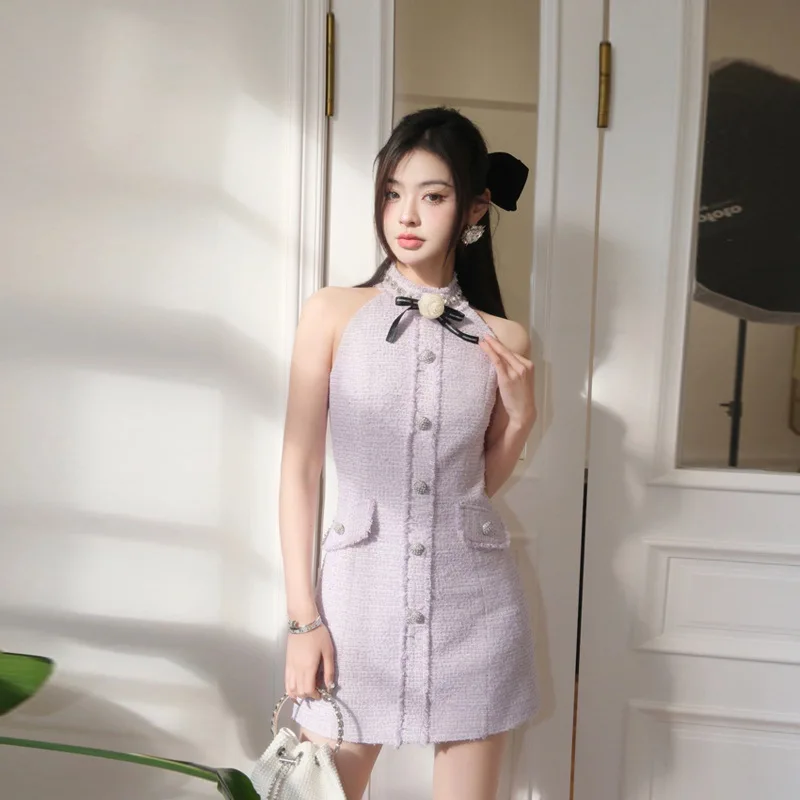 Female 2023 Sweet Summer Purple Fragrant Wind Tweed Hotsweet Sexy Party Dress Women